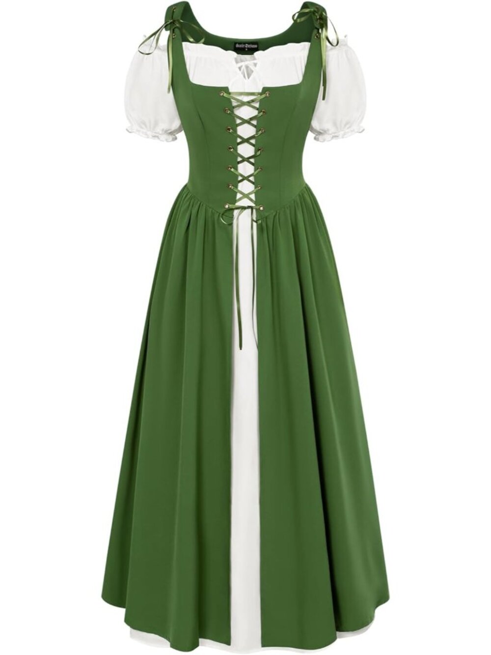 Women's Green Short Sleeve Peasant Medieval Pockets Maxi Costume Dress
